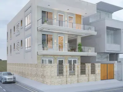 Exterior model modern apartment building with balconies Low-poly 3D model