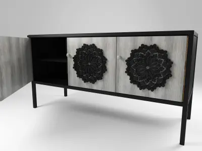 Sideboard black metal and 3 wood decorated doors Free 3D model