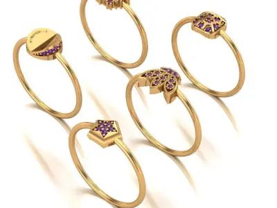 Jewelry four gold - plated rings with sapphires 3D print model