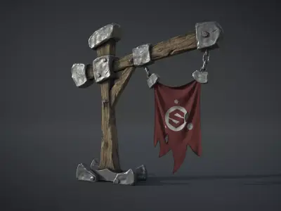 Signpost wooden cross with banner hanging from it 3D model