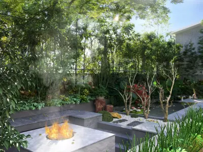 gardenhouse garden with fire pit in middle 3D model