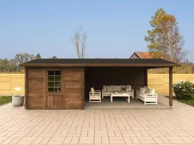 Garden shed with wooden canopy in exterior garden 3D model