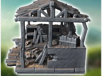 Partially collapsed wooden shed with exposed beams and scattered 3D print model