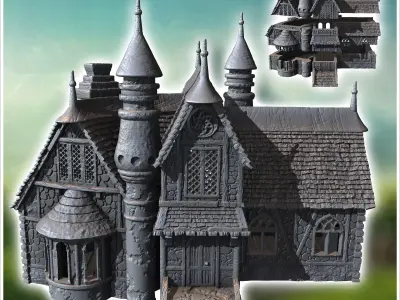 Large medieval manor house with entrance staircase and multiple  3D print model