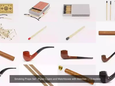 Smoking Props Set - Pipes Cigars and Matchboxes with Matches  3D Model Pack