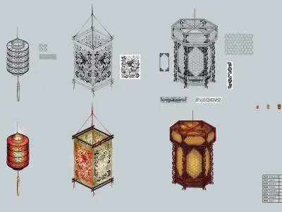 Ancient Chinese lanterns - street lights 3D model