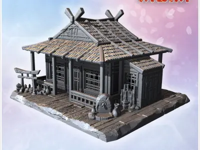 Single-story house with wide roof intricate lattice windows and  3D print model