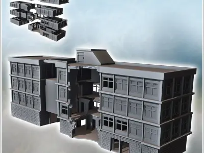 Modern Flat Roof Hospital with Wave Architecture Destroyed Versi 3D print model