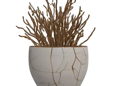 Dried Bush Plant in Cracked Pot Low-poly 3D model