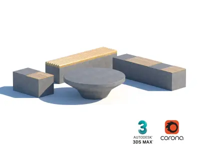Modern Concrete and Wood Seating Set for Urban Spaces 3D model
