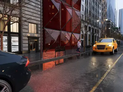 Post-rain commercial street Low-poly 3D model