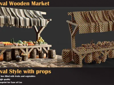Medieval Wooden Market Pack Set 4 With Props 3D model
