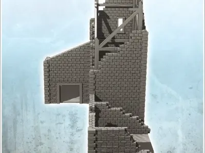 Ruined building with large tower with wooden frame and arches 37 3D print model