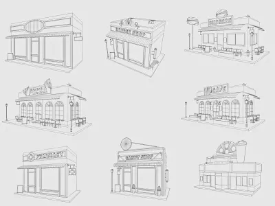 Cartoon City Buildings Shops Low-poly 3D model