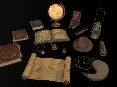 Explorer equipment complete set Globe Compass Telescope Low-poly 3D model