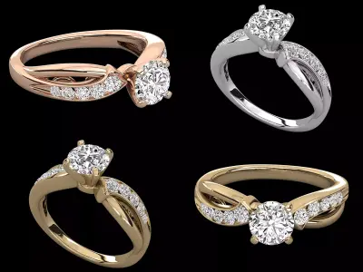 Twist Style Diamond Engagement Ring CAD Design with Side Stones 3D print model