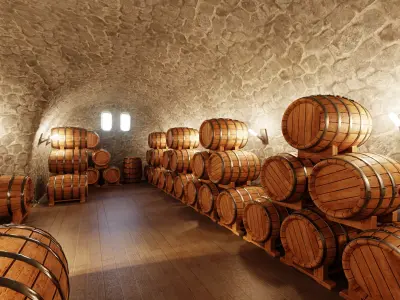 Wine Cellar V3 - Stone Vault with Wooden Barrel Storage 3D model