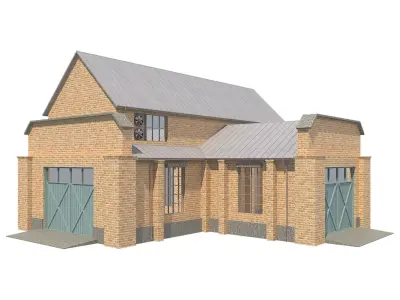 Warehouse 2 brick house with two garages Low-poly 3D model