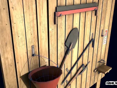 Fireman shield with fire fighting and safety tools Low-poly 3D model