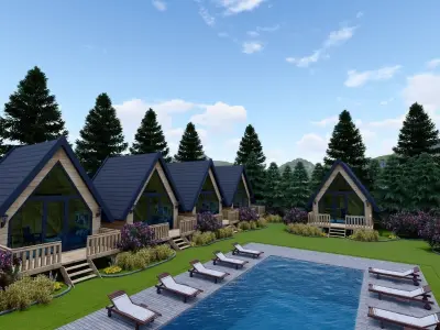 BUNGALOW two cabins in middle of grassy field 3D model