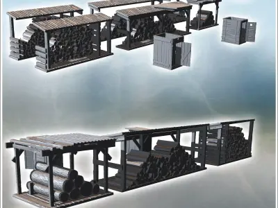Group of wood sheds with logs stacked small wooden storage units 3D print model