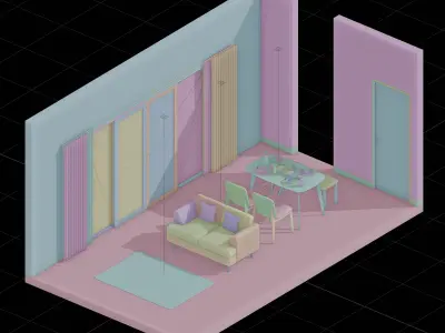 Isometric Open Space Dining Living Room 3D model