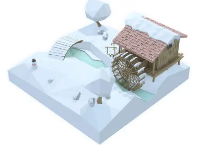 Watermill isometric landscape winter village low poly Low-poly 3D model