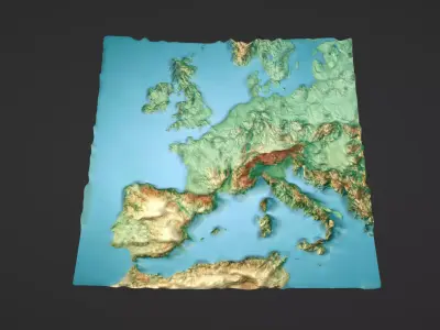 Western Europe Map Topography Low-poly 3D model