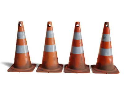 4 Worn Traffic Cones - Weathered - Optimized - Game Ready Low-poly 3D model