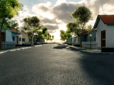 Suburb Neighbourhood Environment with a master house Low-poly 3D model