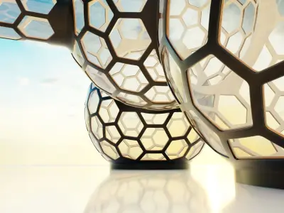 2 fused glass hexagon sci fi spherical domes set with walkway 3D model