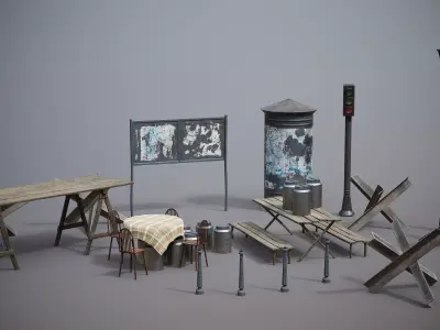 Low Poly WWII-Era City Street Props Game Ready Asset Pack Low-poly 3D model