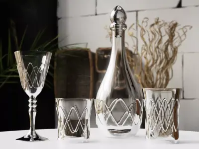 Glass Set silver decanter and glasses on table 3D model