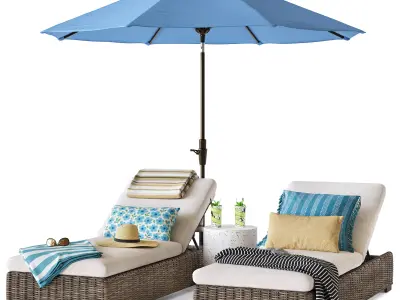 Huntington wicker chaise lounge with umbrella 3D model