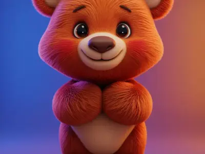 Cute Orange Bear 3D Fluffy Plush Toy Big Eyes Hugging Paws Low-poly 3D model