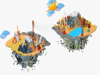 Floating Industrial Islands Low Poly 3D model