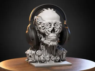 Skull robot Headphone Stand Cyborg skull robot Headset Stand 3D print model