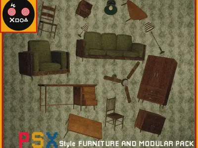 PSX style furniture and modular pack Low-poly 3D model