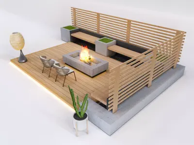 Modern Outdoor Deck with Fire Pit and Lounge Low-poly 3D model