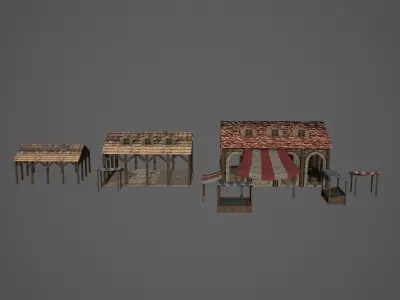 Market old building with roof Low-poly 3D model