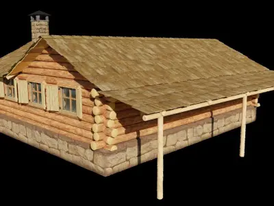 Medium Log Cabin with Interior Fireplace Doors and Windows Low-poly 3D model