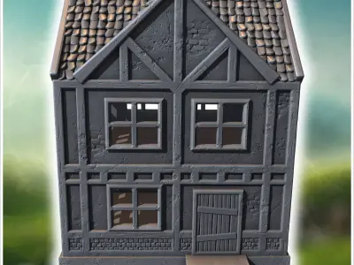 Narrow wooden building with a stone foundation steep roof and de 3D print model