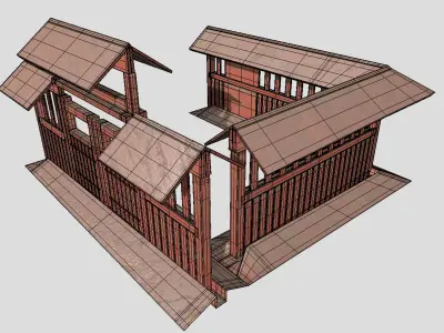 Japanese style fence and door set Low-poly 3D model