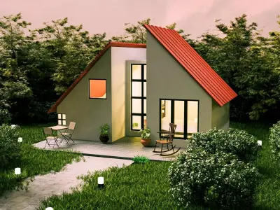 3D Modern House with Garden Lights Exterior Visualization Scene Low-poly 3D model