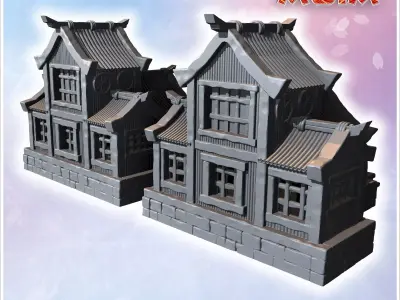 Group of traditional Japanese buildings with wooden walls tiered 3D print model