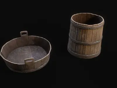 Medieval Washbowl and bucket Low-poly 3D model