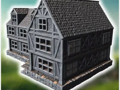 Large timber-framed building with multiple windows tiled roof an 3D print model