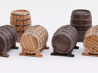 6 Wine Barrels - Oak and Dark Casks with Stands and Spigots  Low-poly 3D model