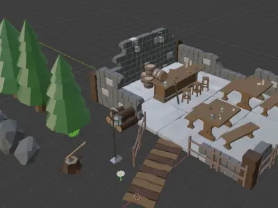Low poly bar in the ruined house Low-poly 3D model