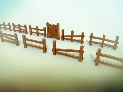 Stylized wooden fence of 10 sections PBR game ready Low-poly 3D model